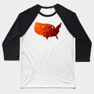 Colorful mandala art map of the United States of America in black and red with yellow Baseball T-Shirt